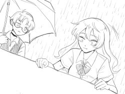 Rule 34 | 2girls, bien (k2nshow), bow, bowtie, choker, collared shirt, fang, futsuu no keion-bu, glasses, greyscale, highres, holding, holding umbrella, jealous, lineart, long hair, looking at another, monochrome, multiple girls, nikaidou mawari, parted bangs, parted lips, rain, shirt, short hair, short sleeves, sketch, tatsumi reiha, umbrella, wide-eyed