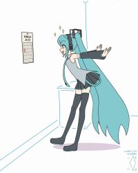 +_+ 1girl :d aqua_eyes aqua_hair aqua_necktie artist_logo artist_name black_boots black_skirt boots calendar_(object) collared_shirt commentary dated digiral english_commentary from_side grey_shirt hair_ornament hatsune_miku headphones highres logo long_hair miku_day miniskirt necktie open_mouth outstretched_arms pleated_skirt shirt skirt sleeveless sleeveless_shirt smile solo sparkle standing thigh_boots twintails very_long_hair vocaloid white_background