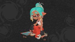 1girl absurdres aqua_hair colored_tips corrugated_galvanized_iron_sheet crop_top dark-skinned_female dark_skin fingerless_gloves gloves highres holding holding_wrench inkling_player_character jumpsuit midriff multicolored_hair navel nintendo nut_(hardware) official_art orange_jumpsuit pointy_ears ponytail red_eyes rust screw smudge splatoon_(series) splatoon_raiders tentacle_hair tied_jumpsuit tied_tank_top wrench
