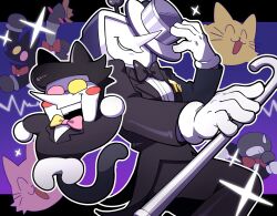 Rule 34 | 2boys, animal ears, ant tenna, black bow, black bowtie, black hair, black jacket, black pants, blush stickers, bow, bowtie, cane, cat ears, cat tail, character request, commentary, cowboy hat, crt, deltarune, gloves, grin, hat, hat tip, heterochromatic eyewear, highres, holding, holding cane, holding microphone, jacket, kemonomimi mode, male focus, microphone, multiple boys, object head, oimo64, open mouth, pants, pointy nose, red bow, red bowtie, short hair, smile, spamton g. spamton, sparkle, sweatdrop, symbol-only commentary, tail, teeth, tinted eyewear, white gloves, white hat