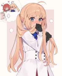&gt;_&lt; ... 1boy 2girls :3 ahoge artoria_caster_(fate) artoria_caster_(second_ascension)_(fate) artoria_pendragon_(fate) black_gloves blonde_hair blue_bow blue_eyes blush border bow bowtie breath closed_eyes collared_dress dress drooling embarrassed fate/grand_order fate_(series) fujimaru_ritsuka_(female) gloves green_eyes hair_lift heart heart_ahoge highres holding holding_own_hair imagining kiss kissing_cheek long_hair long_sleeves mouth_drool multiple_girls no_cape o3o oberon_(fate) open_mouth orange_hair outside_border pink_background pleated_dress simple_background sleeping speech_bubble spoken_ellipsis squeans tearing_up thought_bubble twintails uxco0 wavy_mouth white_border white_dress yuri zzz