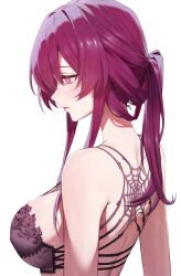 Rule 34 | 1girl, absurdres, back, bare shoulders, black bra, blush, bra, breasts, closed mouth, commentary, english commentary, highres, honkai: star rail, honkai (series), kafka (honkai: star rail), lace, lace-trimmed bra, lace trim, large breasts, lingerie, long hair, looking afar, looking ahead, median furrow, open mouth, pink eyes, pink hair, ponytail, purple background, purple eyes, purple hair, simple background, solo, underwear, upper body, vitaminechan, white background