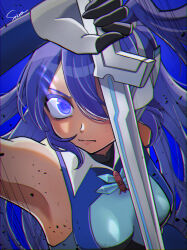 Rule 34 | 1girl, arm up, armpit cutout, black gloves, blue background, blue bodysuit, blue hair, blue sleeves, bodysuit, breasts, breasts apart, chromatic aberration, clothing cutout, detached sleeves, floating hair, gloves, hair over one eye, high side ponytail, highres, holding, holding sword, holding weapon, kazanari tsubasa, long hair, motion lines, purple eyes, seer042, senki zesshou symphogear, signature, small breasts, solo, sword, two-tone gloves, upper body, weapon, white gloves