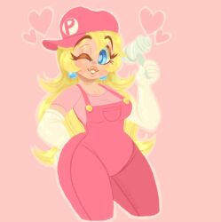 1girl commentary ear_piercing earrings elbow_gloves english_commentary gloves heart jewelry long_hair mario_(series) nintendo one_eye_closed piercing princess_peach sleepyc0re smile solo sphere_earrings very_long_hair white_gloves