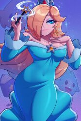 1girl aqua_dress blonde_hair blue_eyes brooch collarbone crown dress earrings hair_over_one_eye jewelry luma_(mario) mario_(series) nintendo off-shoulder_dress off_shoulder rosalina sharpski solo star_(symbol) star_brooch star_earrings star_wand wand