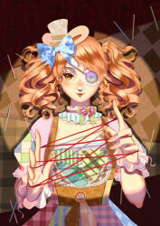 1girl absurdres art_of_tailoring_(infinity_nikki) blue_bow bow bow_choker bowtie brown_background brown_eyes brown_vest buttons cat&#039;s_cradle choker closed_mouth cowboy_shot dress drill_hair eyelashes eyepatch frilled_choker frilled_eyepatch frilled_wrist_cuffs frills green_bow green_bowtie hair_bow happy hat highres infinity_nikki lace-trimmed_choker lace-trimmed_sleeves lace_trim light_blush lipstick lolita_fashion looking_at_viewer makeup medium_hair mini_hat mini_top_hat multicolored_dress nikki_(series) orange_hair patchwork_clothes pink_bow pink_bowtie pink_choker puffy_short_sleeves puffy_sleeves qingniaoyi red_lips ribbon-trimmed_sleeves ribbon_trim short_sleeves short_twintails smile solo square_neckline straight-on string_around_finger striped_bow striped_bowtie striped_clothes top_hat twintails vertical-striped_choker vest vignetting white_hat white_wrist_cuffs wrist_cuffs
