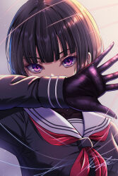 Rule 34 | 1girl, arm up, black bodystocking, black hair, black shirt, blunt bangs, bodystocking, commentary, covered mouth, highres, idolmaster, idolmaster cinderella girls, koya (koya x 00), long sleeves, looking at viewer, neckerchief, open hand, purple eyes, red neckerchief, sailor collar, shirayuki chiyo, shirt, sidelighting, signature, solo, upper body, white sailor collar