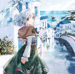 1girl blue_eyes bob_cut brown_capelet capelet closed_mouth commentary_request crescent crescent_hair_ornament day dress emblem frilled_capelet frilled_sleeves frills from_behind hair_ornament harbor holding holding_umbrella hood hood_down hooded_capelet horizon long_dress long_sleeves looking_at_viewer looking_back original outdoors plaid_clothes plaid_dress rain scenery ship short_hair silver_hair skirt_hold smile solo standing tiv transparent transparent_umbrella umbrella watercraft wind