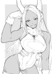 1girl absurdres animal_ears biceps boku_no_hero_academia cowboy_shot flexing gloves greyscale grin highres leotard looking_ahead mirko monochrome muscular muscular_female nitosuke rabbit_ears rabbit_girl smile solo white_leotard