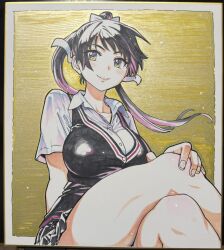 1girl bare_legs black_hair black_skirt blue_eyes blush breasts colorized gold_background kiritani_konome large_breasts leg_focus long_hair looking_to_the_side multicolored_hair pisu_hame ribbon shikishi shirt sitting skirt smile solo tagme thick_thighs thighs traditional_media twintails two-tone_hair white_ribbon white_shirt yellow_background