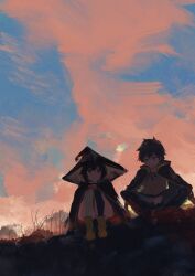 1boy 1girl absurdres bandaged_leg bandages black_hair cape cloud cloudy_sky grass green_cape green_eyes hat highres koukouya looking_at_another megumin on_grass pink_clouds red_eyes satou_kazuma sitting sky sunset witch_hat