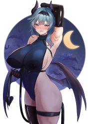 1girl alternate_breast_size arm_up armpits asymmetrical_legwear black_hairband blue_hair blush breasts covered_erect_nipples covered_navel crescent_moon demon_girl demon_horns demon_tail eula_(genshin_impact) genshin_impact gloves hair_ornament hairband holding_tail horns huge_breasts latex latex_gloves leotard looking_at_viewer medium_hair moon nipple_piercing one-piece_swimsuit piercing sideboob signature single_thighhigh solo standing swimsuit tail thigh_strap thighhighs thighs tinnies wings yellow_eyes