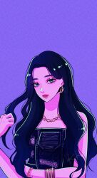 1girl aespa black_hair blue_eyes bracelet commentary_request earrings eyeshadow glint highres jewelry k-pop karina_(aespa) long_hair makeup mascara mixed-language_commentary mole necklace purple_background real_life sail_ofhope simple_background solo upper_body