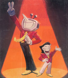 2boys ant_tenna arm_up black_hair black_pants closed_eyes colored_skin commentary deltarune english_commentary full_body gloves hand_on_own_hip height_difference highres jacket male_focus multiple_boys necktie object_head pants pointy_nose red_jacket shoes short_hair smile spamton_g._spamton spotlight starridge teeth v white_gloves white_pants white_skin yellow_necktie yellow_shoes