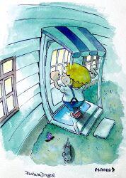Rule 34 | 1boy, akahanadragon, awning, blonde hair, door, flower, grass, house, knocking, mother (series), mother 2, mouse (animal), nintendo, outdoors, painting (medium), porky minch, rowdy mouse, solo, sweatdrop, traditional media, watercolor (medium), window