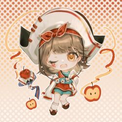 1girl ;d apple apple_(reverse:1999) aqua_shirt banner bicorne bow bow_hairband brown_footwear brown_hair crossed_arms facial_mark food fruit full_body gradient_background hair_bow hairband hat highres holding_banner long_sleeves looking_at_viewer official_alternate_costume one_eye_closed open_mouth orange_eyes polka_dot polka_dot_background red_background red_bow red_hairband red_vest regulus_(reverse:1999) regulus_(the_fierce_fan)_(reverse:1999) reverse:1999 shirt short_hair smile socks solo standing standing_on_one_leg star_(symbol) star_facial_mark straight-on tao_tai_lang_jiang two-tone_background vest white_background white_hat white_socks