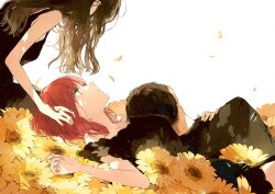 Rule 34 | 1boy, 2girls, black hair, falling petals, flower, hand in another&#039;s hair, hand on another&#039;s shoulder, highres, kakmxxxny06, kono koi wo hoshi ni wa negawanai, kousaka fuyuki, long hair, multiple girls, natsume kyo, on flower, petals, red hair, second-party source, shirai eri, short hair, sunflower