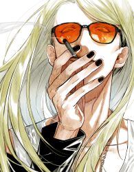 1boy arm_up black-framed_eyewear black_nails blonde_hair cigarette closed_mouth collarbone commentary_request eyes_visible_through_eyewear fate/grand_order fate_(series) glasses hand_on_own_face highres holding holding_cigarette long_hair long_sleeves looking_at_viewer male_focus nail_polish orange-tinted_eyewear portrait ryuuhei simple_background smoke smoke_trail smoking solo tezcatlipoca_(fate) tinted_eyewear white_background