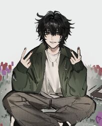 Rule 34 | 1boy, black hair, black nails, degrees of lewdity, double v, green eyes, green jacket, grey pants, highres, hyuwrii, jacket, jewelry, kylar (degrees of lewdity), kylar (male) (degrees of lewdity), looking at viewer, necklace, notebook, open clothes, open jacket, pants, shirt, short hair, sitting, solo, v, white shirt
