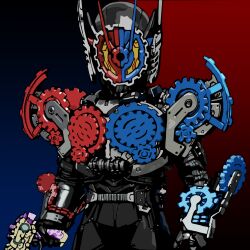 1boy armor bikaiser black_bodysuit blue_armor bodysuit compound_eyes gears gun highres holding holding_gun holding_weapon kamen_rider kamen_rider_heisei_generations_final:_build_&amp;_ex-aid_with_legend_riders kamu_(kamu-fb) male_focus multicolored_armor nebulasteam_gun red_armor simple_background standing upper_body weapon yellow_eyes
