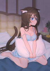 1girl absurdres aina_(mao_lian) animal_ear_fluff animal_ears black_choker blue_dress blue_eyes breasts brown_hair cat_ears cat_tail choker cleavage dress ears_down eyeshadow full_body glasses hair_between_eyes highres holding holding_pillow indoors long_hair looking_afar makeup mao_lian_(nekokao) on_bed original over-rim_eyewear pillow semi-rimless_eyewear short_dress sitting solo spaghetti_strap tail toes unworn_scrunchie very_long_hair wariza