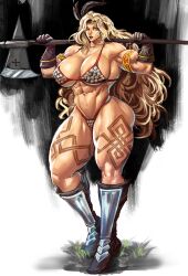 absurdres amazon_(dragon&#039;s_crown) amazon_warrior armlet armor bikini_armor blonde_hair breasts brown_gloves circlet dragon&#039;s_crown feathers full_body gloves halberd highres huge_breasts jewelry leg_tattoo long_hair muscular muscular_female polearm standing tattoo thick_thighs thighs vanillaware very_long_hair virgoart weapon
