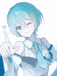 Rule 34 | 1girl, aqua eyes, aqua hair, aqua nails, aqua necktie, aqua trim, award ribbon, bare shoulders, braid, closed mouth, collared dress, commentary request, detached sleeves, double-parted bangs, dress, grid background, hair between eyes, hatsune miku, head tilt, heart, highres, index finger raised, long sleeves, looking at viewer, nail polish, necktie, one eye closed, project sekai, puffy sleeves, short hair, simple background, single braid, solo, upper body, vocaloid, white background, white dress, white sleeves, wide sleeves, wm q