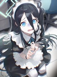 1girl @_@ apron aris_(blue_archive) aris_(mecha_suit)_(blue_archive) black_dress blue_archive blue_eyes blue_ribbon dress highres long_hair maid maid_apron maid_headdress neck_ribbon official_alternate_costume open_mouth pantyhose ribbon senriyama short_sleeves solo tears wavy_mouth white_apron white_headdress white_pantyhose