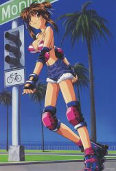 Rule 34 | 1990s (style), absurdres, bikini, bikini top only, breasts, brown eyes, brown hair, denim, denim shorts, double bun, hair bun, highres, large breasts, nanako kaitai shinsho, navel, non-web source, official art, retro artstyle, roller skates, shichigusa nanako, short shorts, shorts, skates, swimsuit, yamashita toshinari