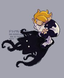 1boy 39_uxue blonde_hair cat_shadow_puppet_(meme) commentary_request different_shadow full_body grey_background highres inkling inkling_boy inkling_player_character jacket looking_at_viewer male_focus medium_hair meme nintendo pink_eyes pointy_ears shoes simple_background solo splatoon_(series) splatoon_3 squatting tentacle_hair tentacles watermark white_jacket white_shoes