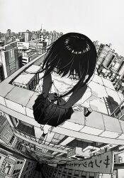 1girl artist_request building can chainsaw_man city drink_can highres monochrome monster_energy ringed_eyes scar scar_on_face school_uniform yoru_(chainsaw_man)