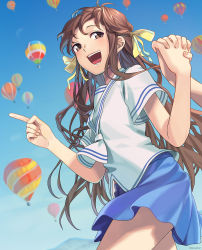 1girl aircraft blue_sky brown_eyes brown_hair dariagiftstuff fruits_basket hair_ribbon holding_hands highres honda_tooru hot_air_balloon interlocked_fingers long_hair mountain open_mouth pleated_skirt pointing ribbon school_uniform serafuku skirt sky smile solo_focus