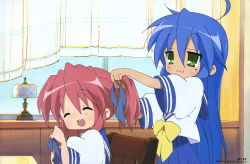 Rule 34 | 00s, 2girls, :3, ^ ^, absurdres, ahoge, blush, closed eyes, comp h&#039;s, cousins, hair ribbon, hairdressing, highres, izumi konata, kobayakawa yutaka, long hair, lucky star, mole, mole under eye, multiple girls, official art, ribbon, school uniform, serafuku, skirt, smile, tying hair, very long hair, yamada naoko