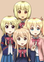 Rule 34 | 4girls, alice cartelet, alternate hair color, alternate hairstyle, blonde hair, blush, crossover, dot nose, feet out of frame, female focus, hair ornament, hairclip, highres, k-on!, kin-iro mosaic, kotobuki tsumugi, kujou karen, looking at viewer, multiple girls, oomiya shinobu, open mouth, school uniform, simple background, skirt, standing, teeth, thick eyebrows, twintails, union jack, v