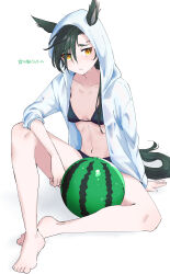 1girl absurdres air_shakur_(umamusume) animal_ears asymmetrical_bangs bikini black_bikini black_hair breasts breasts_apart closed_mouth ears_through_hood eyebrow_piercing face_piercing frown full_body highres hood hooded_jacket horse_ears horse_girl horse_tail jacket knee_up long_hair long_sleeves looking_at_viewer navel open_clothes open_jacket piercing raised_eyebrows samedonburi simple_background sitting small_breasts solo swimsuit tail toes translation_request umamusume watermark wet wet_hair white_background white_jacket yellow_eyes