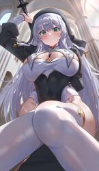 1girl arm_up black_dress black_veil blush breast_curtains breasts breasts_apart church covered_navel dress embarrassed framed_breasts garter_straps gold_trim green_eyes grey_hair groin guimpe highleg highres holding holding_mace holding_weapon hololive indoors knees_together_feet_apart large_breasts long_dress long_hair long_sidelocks long_sleeves looking_at_viewer mace menmen_(menmen13s) nervous_sweating nun official_alternate_costume official_alternate_hairstyle pelvic_curtain puffy_long_sleeves puffy_sleeves rabbit_in_eyes shirogane_noel shirogane_noel_(battle_nun) sidelocks solo straight_hair sweat thighhighs underbust veil very_long_hair virtual_youtuber wavy_mouth weapon white_garter_straps white_thighhighs