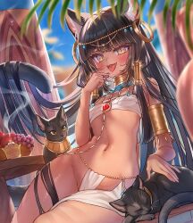 1girl ancient_egyptian ancient_egyptian_clothes animal_ears ankh armlet bastet_(mythology) black_hair blush breasts budget_sarashi cat cat_ears cat_tail dark-skinned_female dark_skin egyptian_mythology fang food fruit grapes harem_outfit highres holding holding_food jewelry komiya_nigi long_hair looking_at_viewer navel orange_(fruit) original sarashi small_breasts solo table tail usekh_collar yellow_eyes