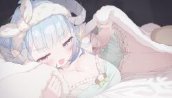 1girl :d bare_arms bare_shoulders bed_invitation blue_hair blurry blush bow bow_hairband breasts camisole cleavage commentary_request commission depth_of_field dot_nose fang frilled_camisole frilled_pajamas frilled_shorts frills green_camisole green_pajamas green_shorts hair_bow hairband hands_up head_on_pillow highres indoors large_breasts looking_at_viewer medium_hair mole mole_on_breast mole_under_eye on_bed open_mouth original pajamas pillow purple_eyes sample_watermark short_shorts shorts skeb_commission smile sparkle straight_hair under_covers v-shaped_eyebrows watermark white_bow white_hairband wqooon