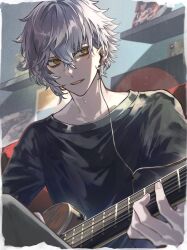 1boy black_shirt couch earphones earrings fate/grand_order fate_(series) grey_hair grey_pants guitar highres indoors instrument jewelry kadoc_zemlupus neck_piercing pants poppoman shared_earphones shirt single_earphone_removed sitting solo yellow_eyes
