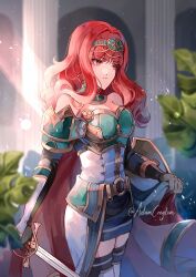 Rule 34 | 1girl, armor, black skirt, black thighhighs, breastplate, breasts, cape, celica (fire emblem), celica (valentia&#039;s hope) (fire emblem), choker, cleavage, creyton, dress, earrings, fingerless gloves, fire emblem, fire emblem echoes: shadows of valentia, fire emblem heroes, gloves, green armor, highres, holding, holding shield, holding sword, holding weapon, jewelry, leaf, long hair, medium breasts, nintendo, official alternate costume, pillar, princess, red eyes, red hair, shield, skirt, sword, temple, thighhighs, tiara, weapon, white dress