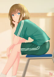 Rule 34 | 1girl, absurdres, blonde hair, blue eyes, blurry, blurry background, chair, double vertical stripe, feet out of frame, from side, frown, green shirt, green shorts, gym shirt, gym shorts, gym uniform, head rest, highres, kyarabukie, looking at viewer, looking to the side, on chair, original, shirt, short sleeves, shorts, sitting, socks, solo, white socks
