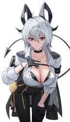 1girl arm_pouch armband black_armband black_bra black_choker black_eyes black_gloves black_horns black_jacket black_pants black_pouch black_tail bra bra_peek breasts choker closed_mouth collarbone collared_shirt commentary cowboy_shot curled_horns demon_tail earrings gloves grey_hair hair_between_eyes half_gloves hand_on_own_chest highres horns jacket jacket_on_shoulders jewelry key_earrings leaning_forward long_hair looking_at_viewer mole mole_on_breast multicolored_eyes multicolored_hair pants partially_unbuttoned red_eyes shirt shirt_tucked_in simple_background solo streaked_hair tail tight_clothes tight_pants two-tone_eyes underwear white_background white_shirt wuthering_waves yuridango zani_(wuthering_waves)