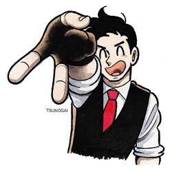 1boy adam&#039;s_apple artist_name black_gloves black_hair black_outline black_vest closed_eyes collar collared_shirt cropped_torso english_text fingerless_gloves fingernails gloves gyaru_v happy highres necktie nose open_mouth original outline red_necktie shirt short_hair short_sleeves simple_background sleeves_pushed_up solo tongue tsunogai undershirt v v-shaped_eyebrows vest white_background white_collar white_sleeves white_undershirt wing_collar