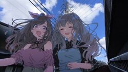 2girls :d ^_^ bandaid bandaid_on_face bandaid_on_forehead black_shirt blue_dress blunt_bangs brown_hair closed_eyes cloud day detached_sleeves dress eyelashes frilled_sleeves frills green_skirt grey_hair hair_ribbon high_ponytail highres holding_hands idolmaster idolmaster_shiny_colors light_blush long_hair multiple_girls official_alternate_costume open_mouth outdoors pinafore_dress pink_eyes pink_shirt ponytail power_lines ribbon shirt short_sleeves sidelocks skirt sleeveless sleeveless_dress smile stairs swept_bangs takada_(pixiv_97599311) tsukioka_kogane twintails yukoku_kiriko