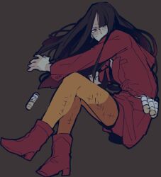 Rule 34 | 1girl, bad id, bad pixiv id, bent back, black hair, block heels, blunt bangs, boots, brown eyes, devil summoner: soul hackers, devil summoner (series), grey background, hair over one eye, half-closed eye, high heel boots, high heels, jacket, knees together feet apart, long hair, naomi (soul hackers), pale skin, raven croow, red boots, red jacket, solo, sweat, tube