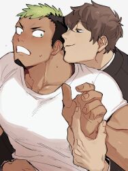 2boys adam&#039;s_apple arm_grab bara black_hair clenched_teeth clothes_lift couple dark-skinned_male dark_skin facial_hair goatee grabbing_from_behind green_hair hand_under_clothes highres ikusaba_daisuke large_pectorals lifting_another&#039;s_clothes male_focus multicolored_hair multiple_boys muscular muscular_male nervous nervous_sweating pectoral_grab pectorals protagonist_4_(housamo) seductive_smile shirt_lift short_hair smile sweat teeth tokyo_houkago_summoners two-tone_hair upper_body wanijima yaoi