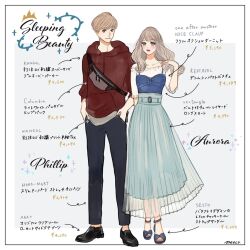 1boy 1girl animification aurora_(disney) blonde_hair contemporary dress long_hair long_sleeves looking_at_viewer makeup meecosme phillip_(disney) simple_background sleeping_beauty_(disney) smile solo