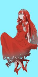 1girl absurdres baobhan_sith_(fate) blue_background breasts dress fate/grand_order fate_(series) full_body grey_eyes high_heels highres knees_up kujisho0312 long_hair looking_at_viewer pink_hair pointy_ears red_dress sidelocks solo