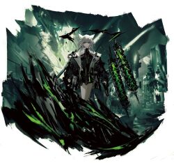 1girl :| absurdres animal_ears arknights black_dress black_jacket blunt_ends cat_ears cat_girl cityscape closed_mouth collared_dress dress expressionless green_eyes grey_hair highres jacket kal&#039;tsit_(arknights) kal&#039;tsit_(remnant)_(arknights) long_sleeves official_alternate_costume open_clothes open_jacket short_hair solo spot_color standing thighs tuda6