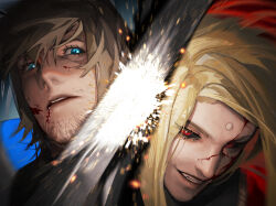 2boys absurdres adventurer_(ff14) battle black_sclera bleeding blonde_hair blood blood_from_mouth blood_on_face blue_eyes brown_hair chinese_commentary close-up colored_sclera commentary_request duel eboda-x facial_hair final_fantasy final_fantasy_xiv garlean grin highres hyur long_hair male_focus motion_blur multiple_boys paladin_(final_fantasy) parted_lips portrait red_eyes short_hair smile sparks stubble third_eye warrior_of_light_(ff14) zenos_yae_galvus